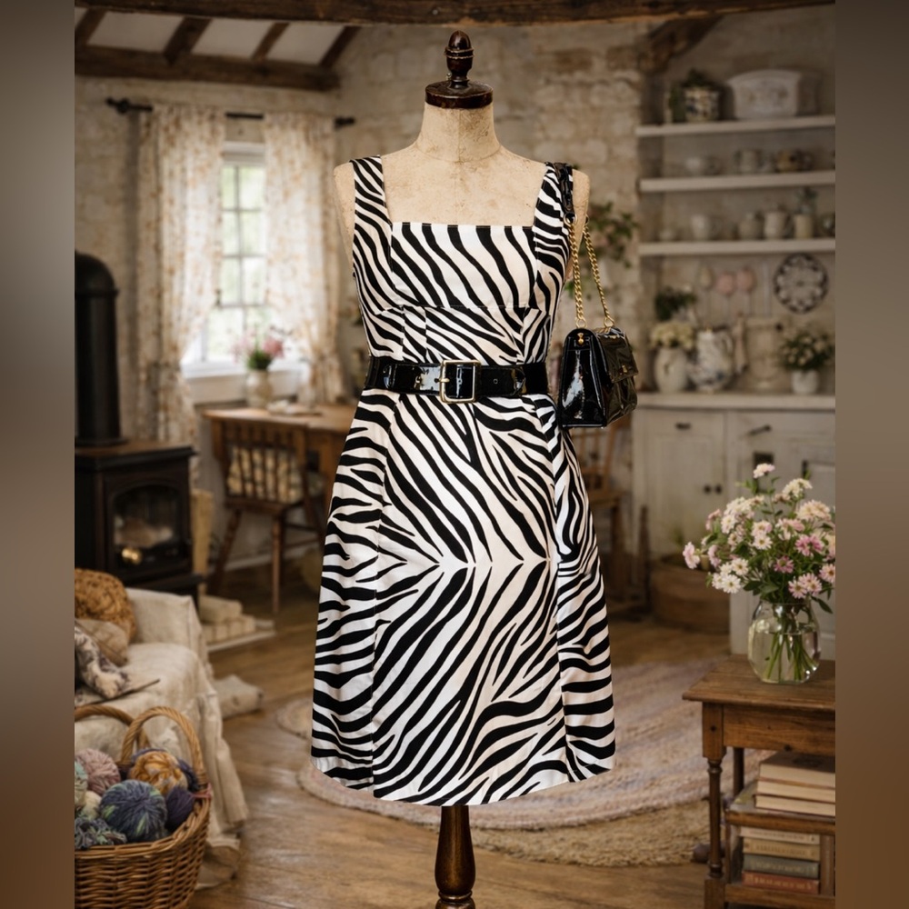 Vintage Y2K Club Monaco Silk Zebra Print, Empire Waist Dress